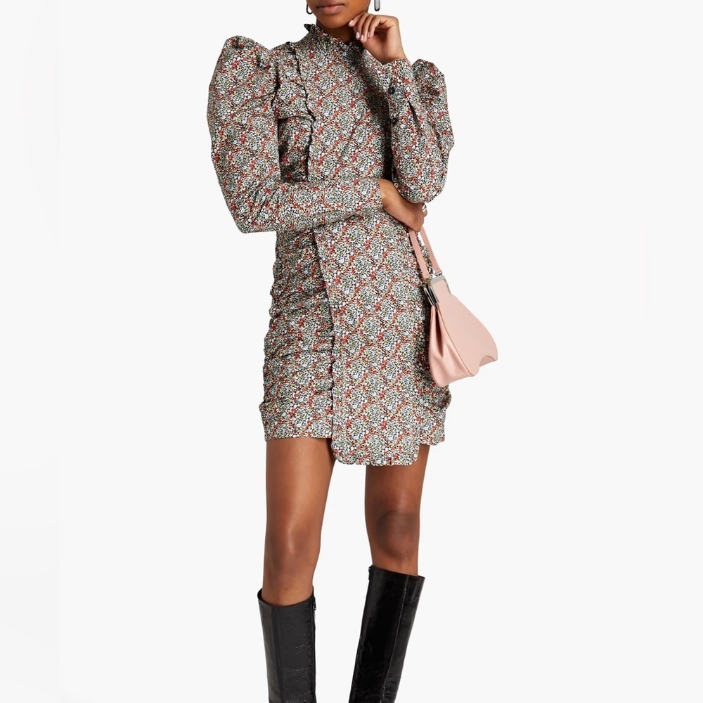 GANNI Ruched Floral-Print Organic Cotton-Poplin Mini Dress Size 0